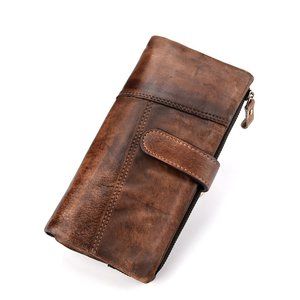 RSWSP Vintage Men's Genuine Leather Long Wallet w/ Detachable Zipper Pocket